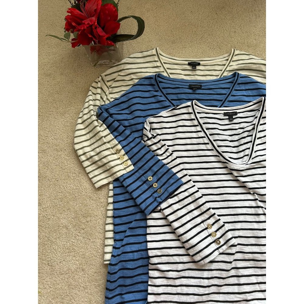 Talbots Women’s Shirt Top Stripe 3/4 Sleeve Oval Neck Cotton 3 Piece Lot Size L